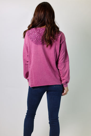 Easel Bow Tape Hem Washed Terry Knit Pullover Top in Mulberry