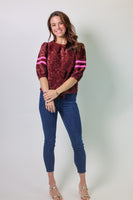 VOY Half Puff Sleeve Stripe Detail Floral Velvet Top in Burgundy