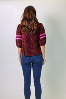 VOY Half Puff Sleeve Stripe Detail Floral Velvet Top in Burgundy