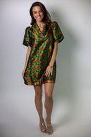 VOY Floral Jacquard Ruffled V-Neck Shift Dress in Green