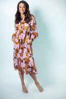 Jodifl Embroidered Smocking Ruffled Neck Floral Midi Dress
