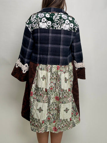 POL Knee Length Mixed Print Patchwork Top in Charcoal Multi