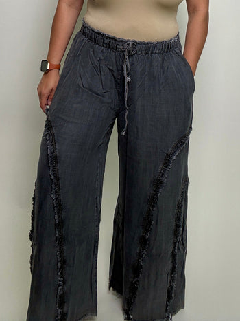 Easel Ruffle and Self Fringe Pants in Black Denim