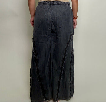 Easel Ruffle and Self Fringe Pants in Black Denim