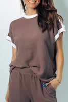 Tres Bien Round Neck Color Block Cloudy Knit Top in Brown/Cream