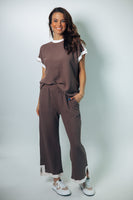 Tres Bien Cloudy Knit With Color Edges On Cuffs Bottoms in Brown/Cream