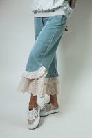 BiBi Denim Ruffle Lace Hem Pants in Light Denim