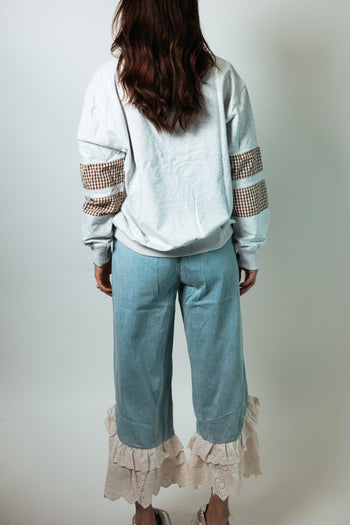 BiBi Denim Ruffle Lace Hem Pants in Light Denim