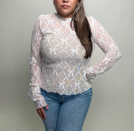 So Me FITTED Sequin Bow Sheer Mesh Top in Off White