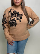 Sew in Love Textured Floral Knit Sweater in Camel/Black