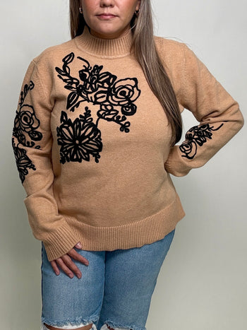 Sew in Love Textured Floral Knit Sweater in Camel/Black