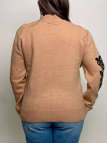 Sew in Love Textured Floral Knit Sweater in Camel/Black