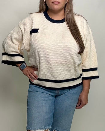 Sew in Love Textured Knit Sweater in Cream/Navy