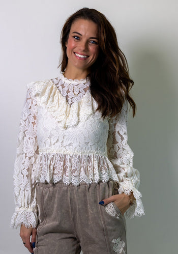 So Me Open Back Lace Peplum Top in Cream