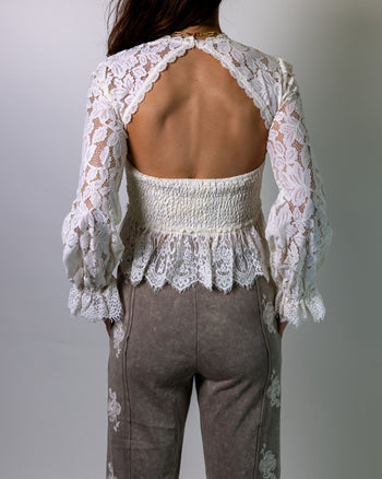 So Me Open Back Lace Peplum Top in Cream