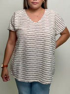 HEIMISH Boxy Textured Lace Striped Top in Cream/Black