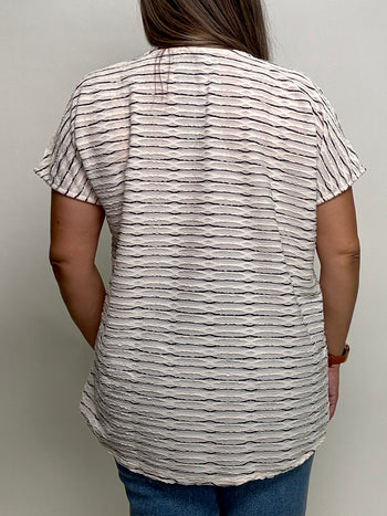 HEIMISH Boxy Textured Lace Striped Top in Cream/Black