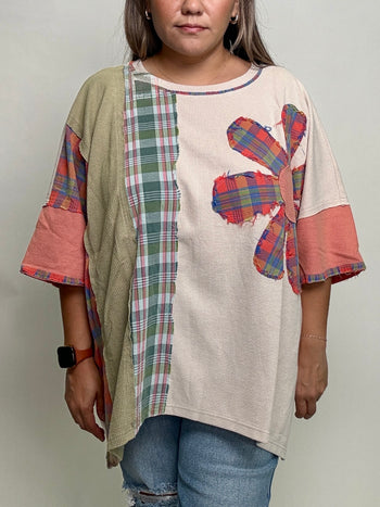 BlueVelvet OVERSIZED Mixed Color Block Patched Top in Oatmeal