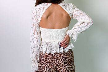 So Me Open Back Lace Peplum Top in Cream