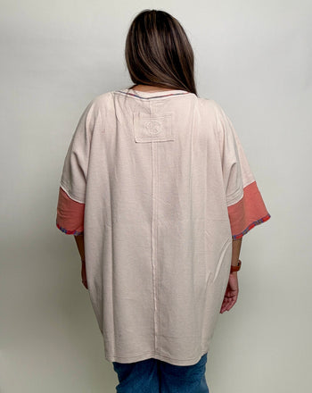 BlueVelvet OVERSIZED Mixed Color Block Patched Top in Oatmeal