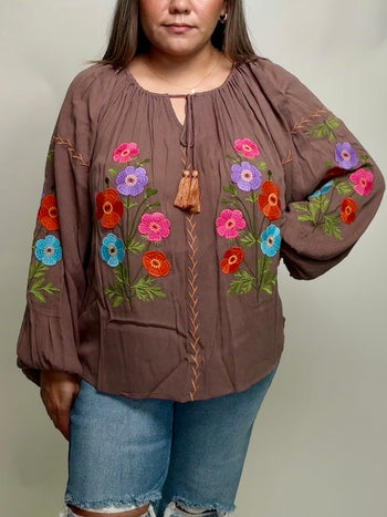 Easel Floral Embroidered Babydoll Top in Mocha