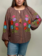 Easel Floral Embroidered Babydoll Top in Mocha