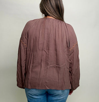 Easel Floral Embroidered Babydoll Top in Mocha
