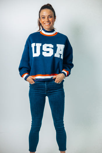 TCEC USA Lettering Cropped Sweatshirt in Navy