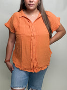Umgee Short Sleeve Collared Button Up Top with Frayed Hem in Orange Red