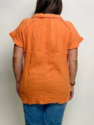Umgee Short Sleeve Collared Button Up Top with Frayed Hem in Orange Red
