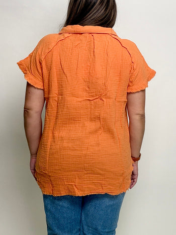 Umgee Short Sleeve Collared Button Up Top with Frayed Hem in Orange Red