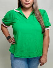 Load image into Gallery viewer, Umgee Ruffle Trim Polo Tee in Kelly Green
