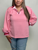 Jodifl Color Ribbed Band Accent Textured Top in Pink