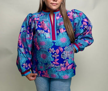 Jodifl Standing Neck Textured Floral Top in Royal