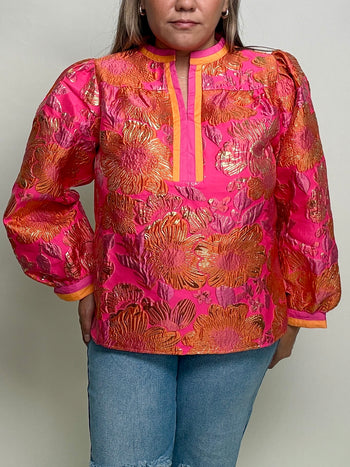 Jodifl Standing Neck Textured Floral Top in Neon Pink