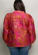 Jodifl Standing Neck Textured Floral Top in Neon Pink