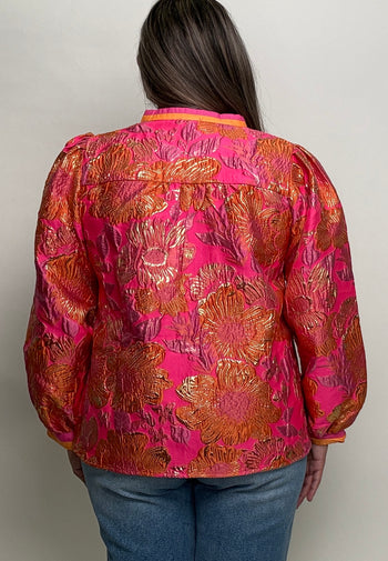Jodifl Standing Neck Textured Floral Top in Neon Pink