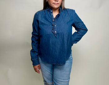 STITCH & Co. Denim Ruffled Top in Dark Denim