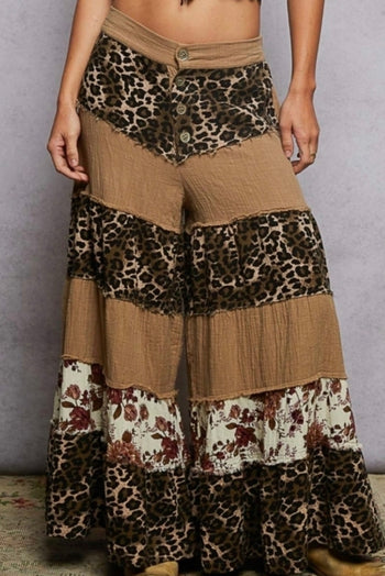 POL Mixed Print Double Gauze Tiered Pants in Taupe Multi