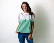 Load image into Gallery viewer, Jodifl Crochet Accent Stripe Blouse in Green
