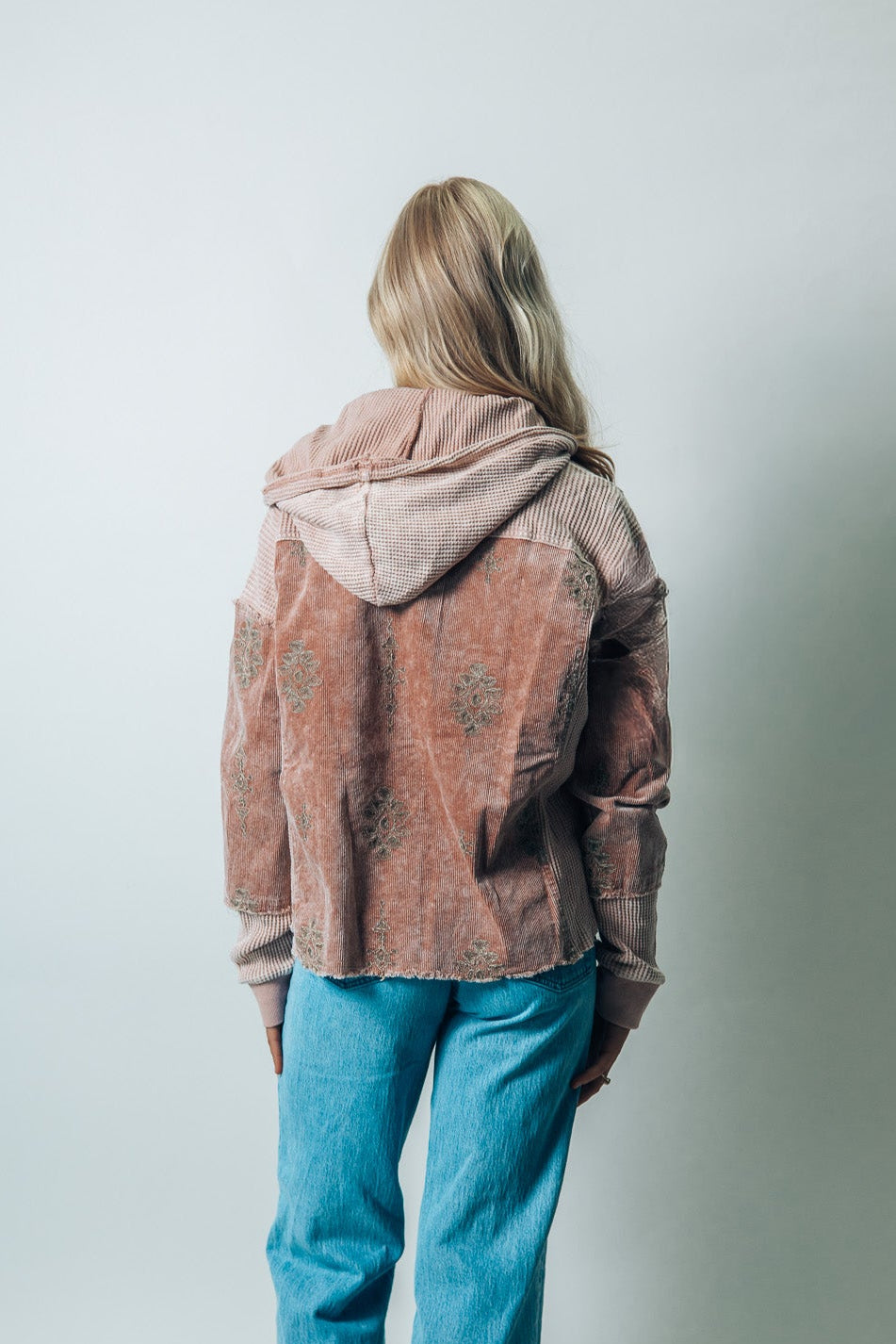 Mystree Mineral Washed Mixed Media with Floral Embroidery Hooded