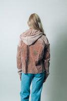 Mystree Mineral Washed Mixed Media with Floral Embroidery Hooded Jacket in Washed Rose