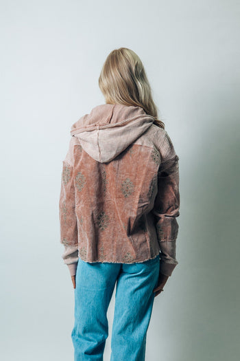 Mystree Mineral Washed Mixed Media with Floral Embroidery Hooded Jacket in Washed Rose
