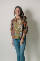 VOY Mixed Print Color Block Top in Olive