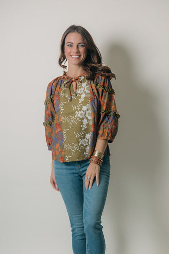 VOY Mixed Print Color Block Top in Olive