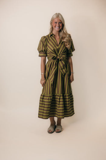 Entro Contrasting Stripe Front Bow Tie Midi Dress in Martini Olive