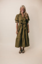 Load image into Gallery viewer, Entro Contrasting Stripe Front Bow Tie Midi Dress in Martini Olive
