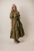 Entro Contrasting Stripe Front Bow Tie Midi Dress in Martini Olive