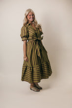 Load image into Gallery viewer, Entro Contrasting Stripe Front Bow Tie Midi Dress in Martini Olive
