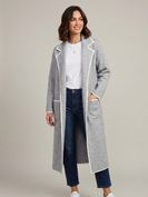 MABLE Long Open Front Knit Cardigan with Contrasting Trim in Heather Grey